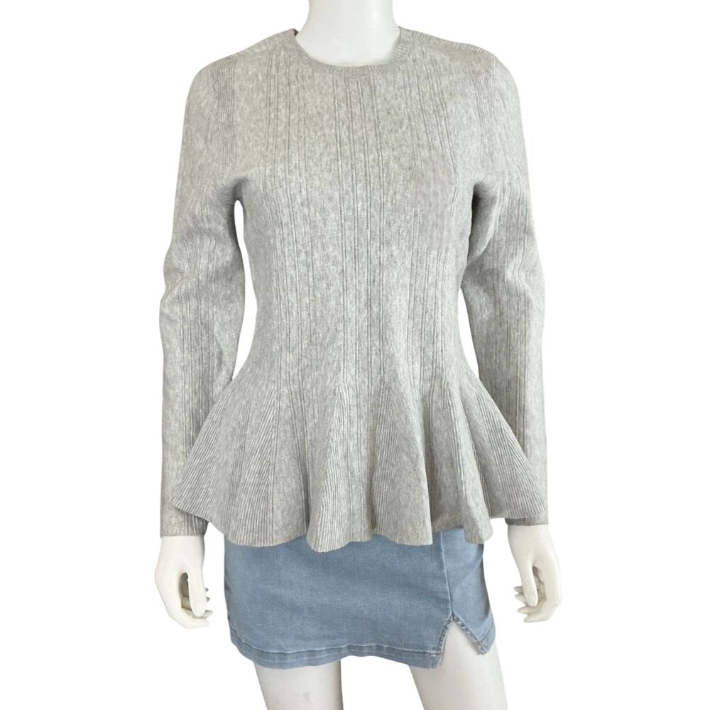 Ted Baker Peplum Sweater Top sz 3 US8-10 Grey Ribbed Knit Crew Pullover Elegant